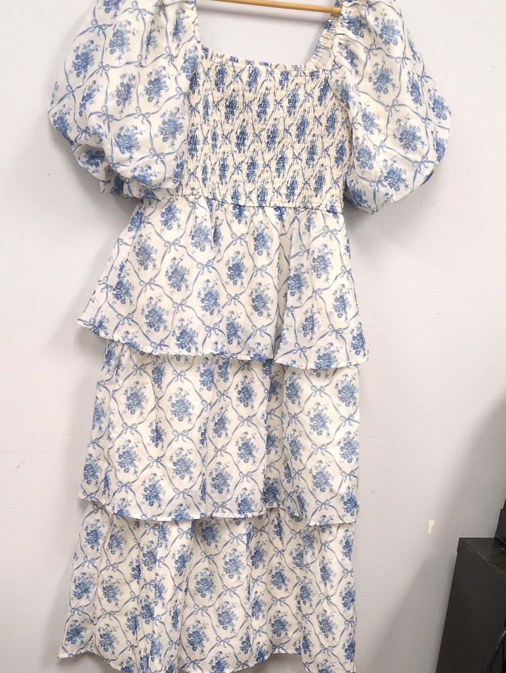 Women's Whimsical Tiered Smocked Dress - Blue Floral Medium